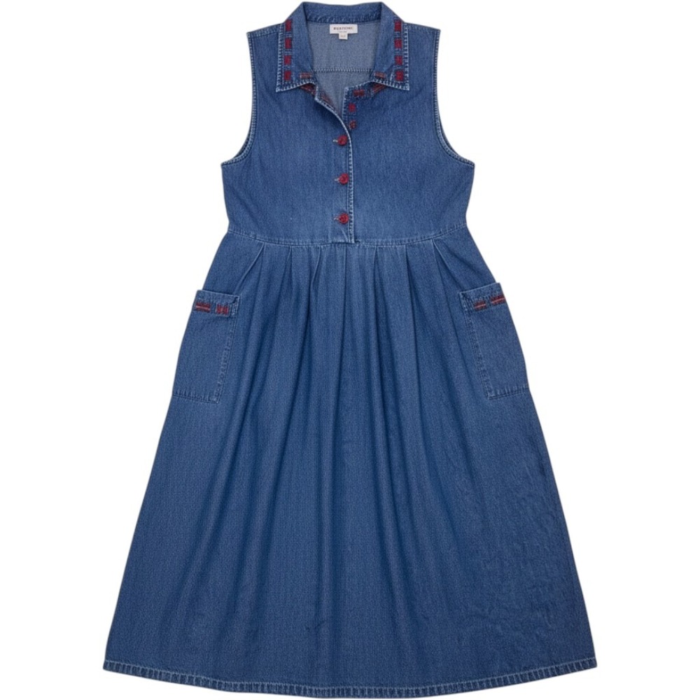 Vintage KZK Design Denim Midi Dress Plaid Trim Sleeveless‎ Pockets cottagecore